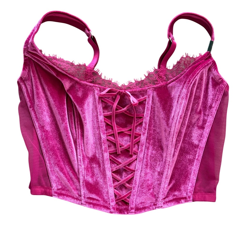 Victoria's‎ Secret Pink Velvet Lace Up Corset Top M-DD NWT Hot Pink Mesh Retro